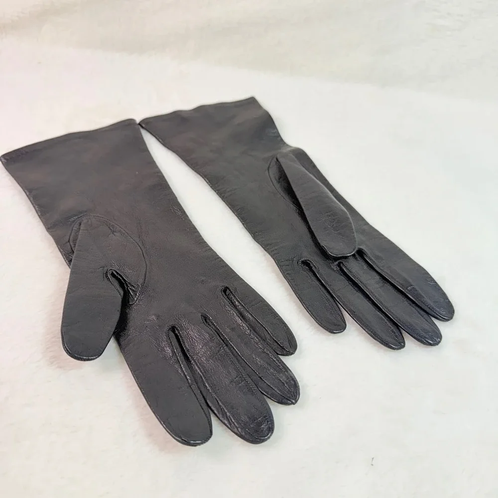 Vintage Black Leather Gloves Floral Lace Cutout Mid Length Formal Evening Womens